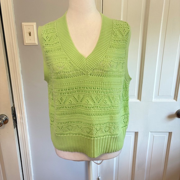 Talbots Tops - NEW Talbots Womens Medium Sweater Vest Green Pointelle Knit V-Neck 100% Cotton